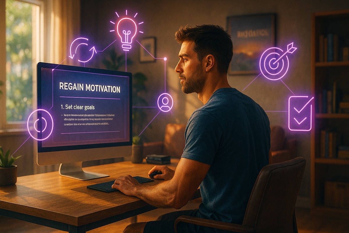 A coach in his home office working to regain motivation for his business