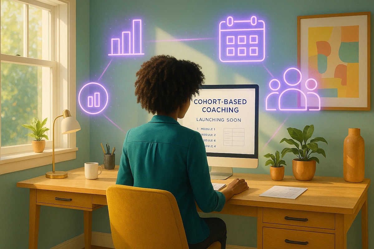Coach planning a successful cohort-based program from home office