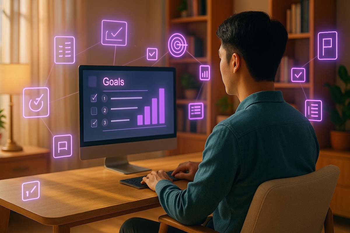 Coach setting strategic business goals in organized home office
