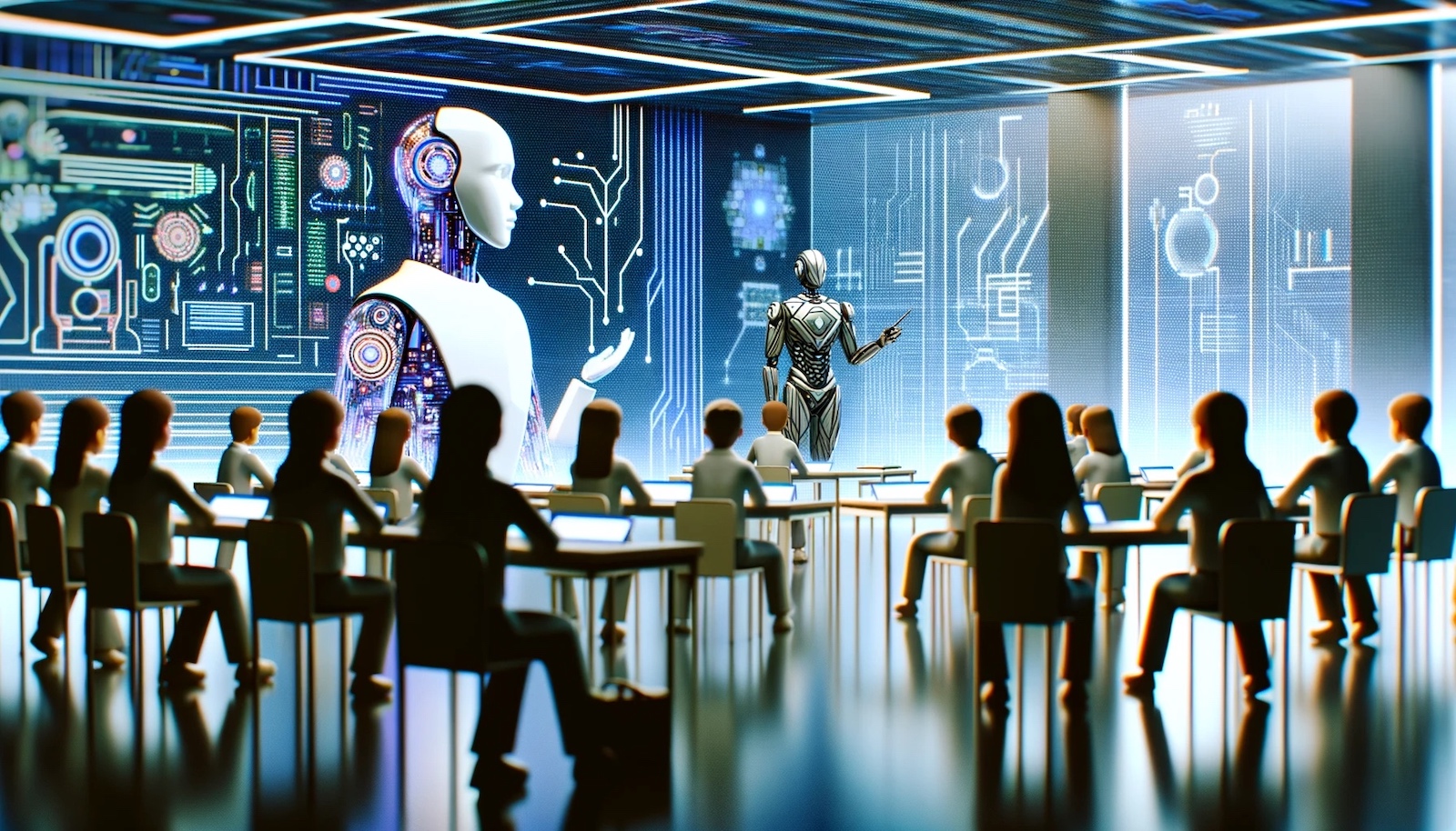 An AI educator teaching a room full of students