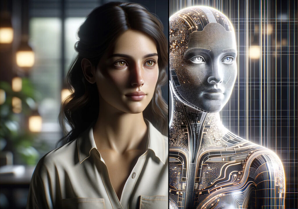 A woman next to her AI persona
