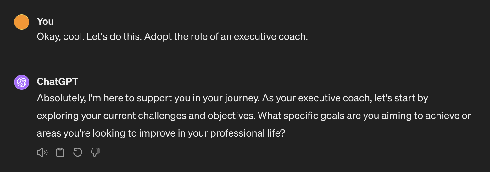 ChatGPT being prompted as an executive coach and responding