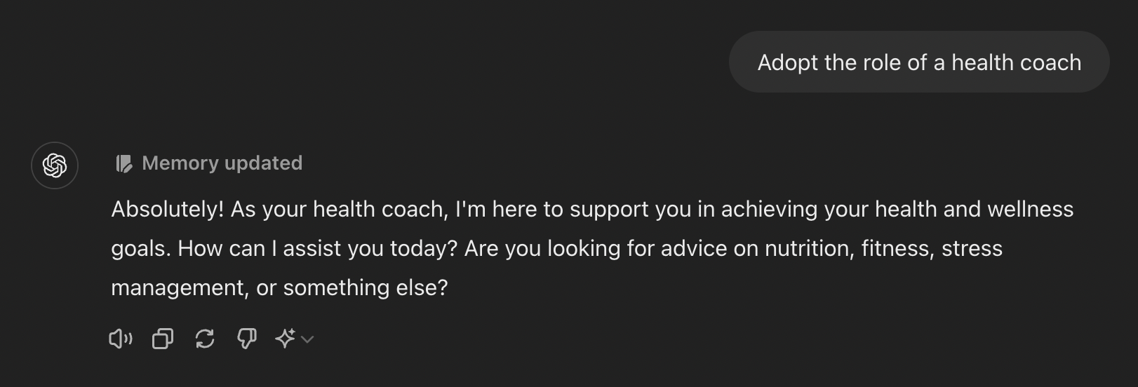 A screenshot of ChatGPT being asked to be a health coach