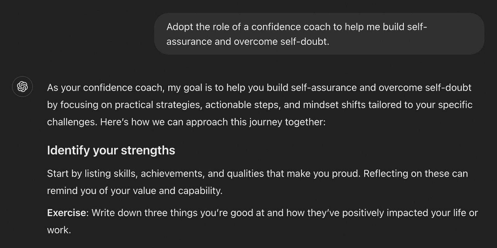 Screenshot of ChatGPT responding as a confidence coach