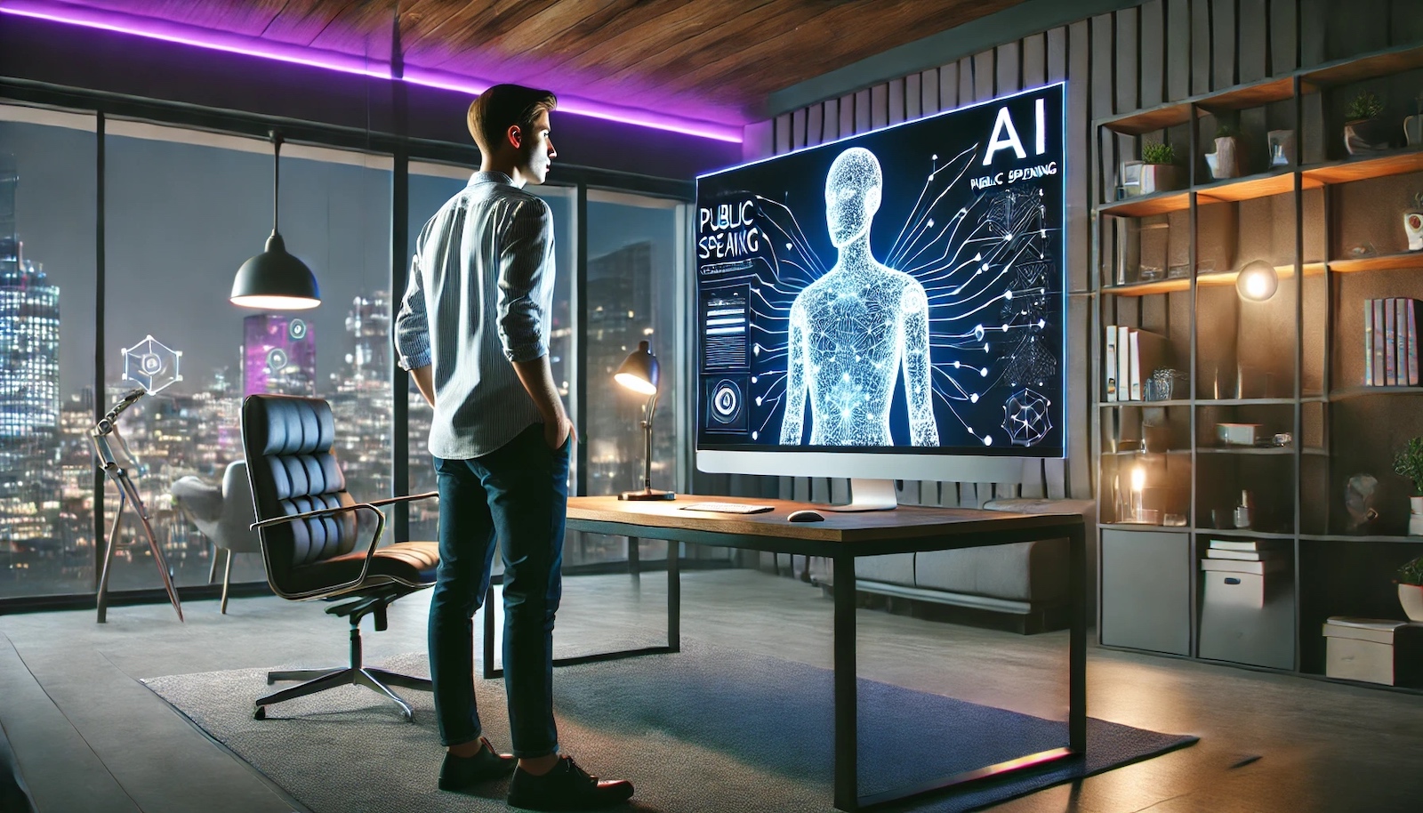 A professional in their home office using ChatGPT as an AI public speaking coach