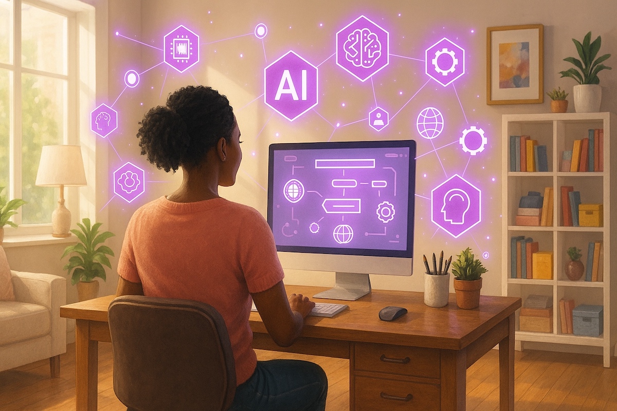 A woman exploring AI for coaches in her home office
