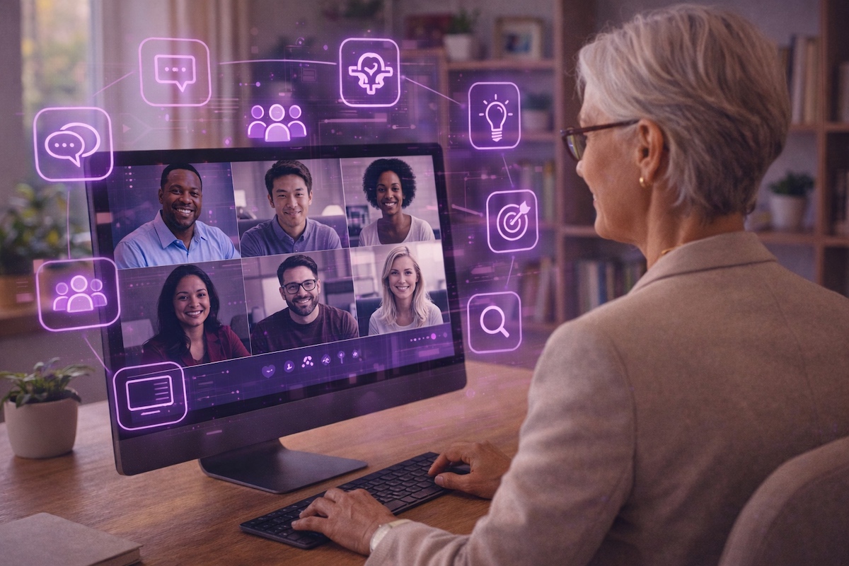 A coach on a group call with other coaches using AI to power their business