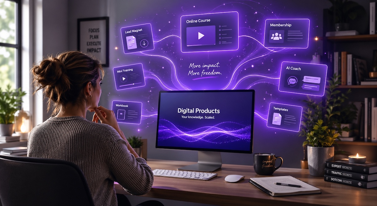 A coach at her home office thinking about all the digital products she could create.