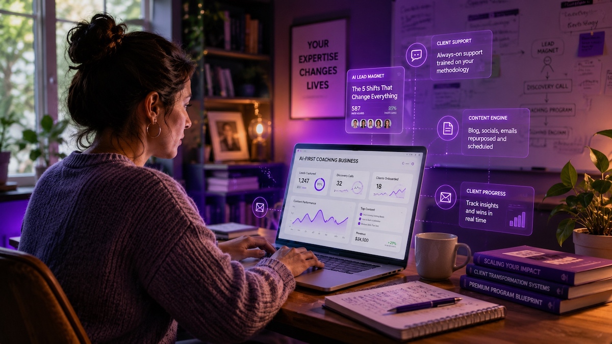 Coach using AI tools to build an AI-first coaching business with content, lead generation, and client support systems.