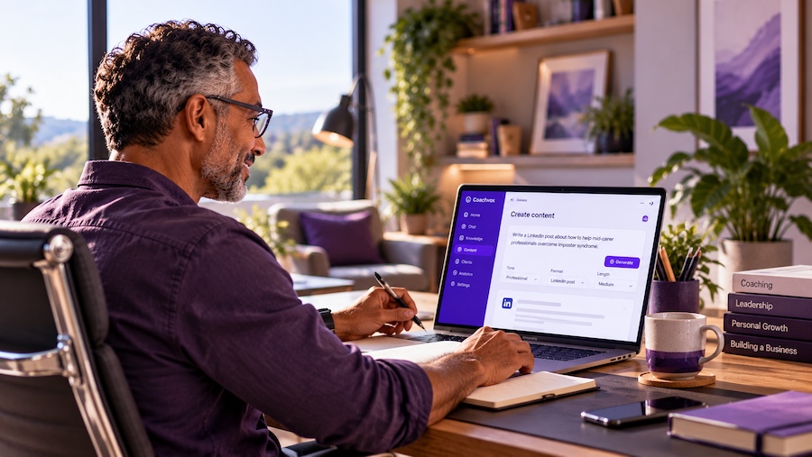 A middle-aged male coach creating content in his home office